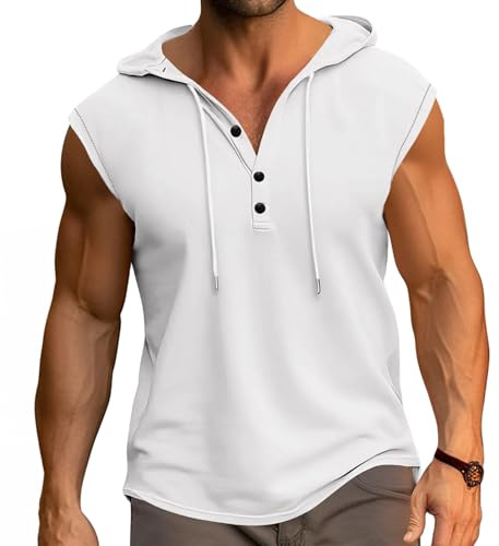 PRIVIMIX Debardeur Homme à Capuche Tank Top Coton Débardeur Musculation Sportswear Tee Shirt sans Manche Blanc XL