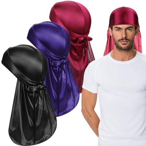 Jatipy Juego de 3 gorras Durags sedosas para hombre, transpirables, de cola larga y de compresión ondulada, trapo de moda para ondas 360, protección del cabello y estilo de moda, Negro