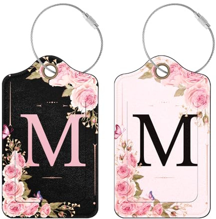 Lot de 2 étiquettes de bagage personnalisées avec initiales en cuir synthétique pour femme et fille (M)