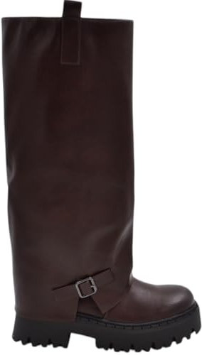 Stivali Donna al Ginocchio Shark Risvolto Pelle Marrone Fibbia Fondo Combat zigrinato 5 cm con Zip a Tutta Lunghezza (36 EU)
