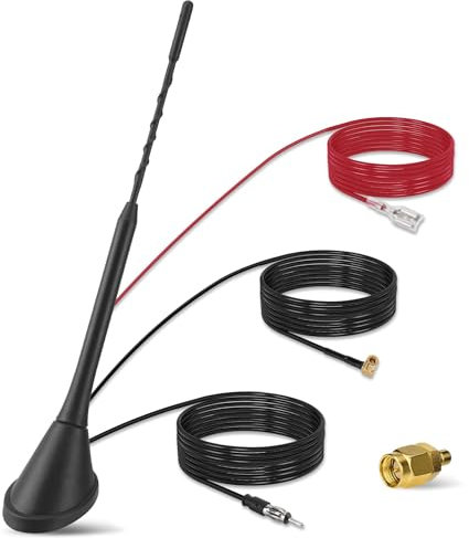 Nelawya DAB/DAB+ Car Antenna – Digital Radio FM/AM Combi Roof Antenna with Amplifier – SMB/SMA Plug + DIN Adapter – Radio Splitter with 5m Cable