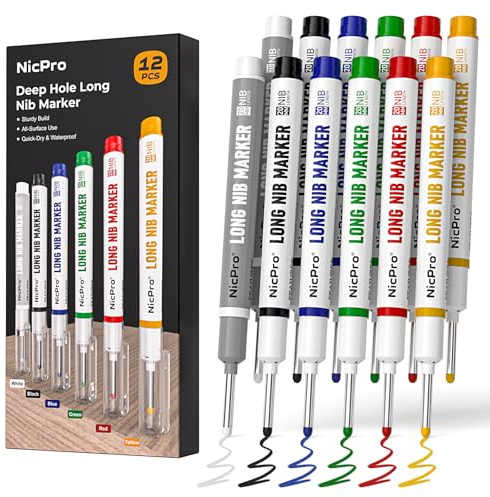 Nicpro 12 pièces marqueurs à pointe longue, pour trous profonds de 20 mm, à séchage rapide et étanches, pour le travail du métal, de l'acier, du carrelage et du verre, outil de marquage