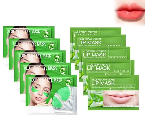 Wonsters 5 unidades de parches para ojos y mascarilla labial con aloe vera, parches para ojos con aloe vera, mascarilla hidratante para ojos para atenuar las ojeras lipstick