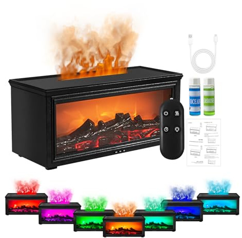 Kazaigou 4 en 1 Diffuseur Huiles Essentielles Electrique, 7 Flammes De CheminéE ColoréEs Humidificateur d'air Chambre, Diffuseur Parfum Maison 3 Minuteurs avec TéLéCommande 2 Huile Essentielle
