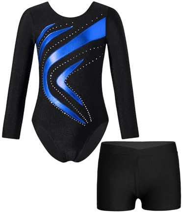 Monduelle Gymnastikdräkt för flickor, långärmad gymnastikdräkt med shorts, metallisk balettdräkt, balettröja, trikå, för tävling, dansdräkt