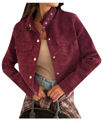 ZICUE Mujeres Gamuza Manga Larga Ropa Exterior Stand Cuello Recortado Chaqueta Motociclista Botón Abajo Otoño Abrigo Corto Vino Rojo L