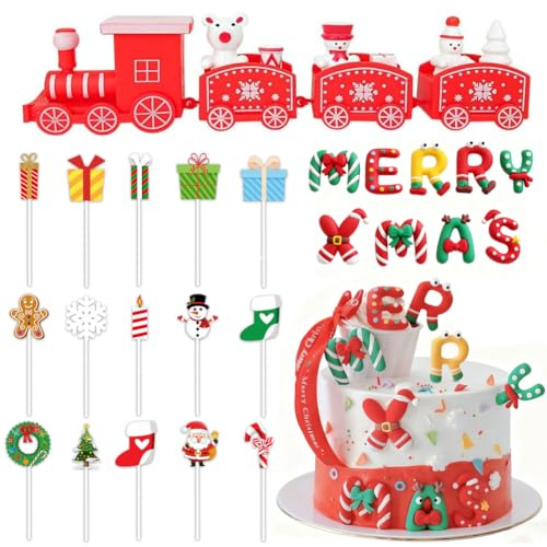 Décoration de Gâteau Père Noël Ensemble de Décoration de Dessert avec Père Noël Petit Train Rouge MERRY XMAS Lettres Dessin Animé Motif Cupcake Décor pour Fête du Nouvel an (Rouge)