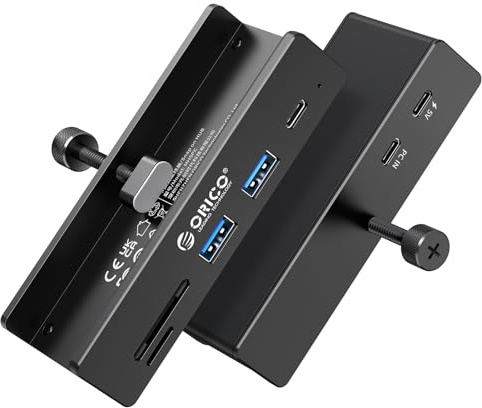 ORICO USB Hub 3.2, 10 Gbit/s aluminium USB-hub och 5 V strömförsörjning, 5 portar USB-distributör med 2 typ A 3.2 och 1 typ C3.2, SD/TF 3.0, 100 cm kabel (C till A/C) för bildskärmar, skrivbord