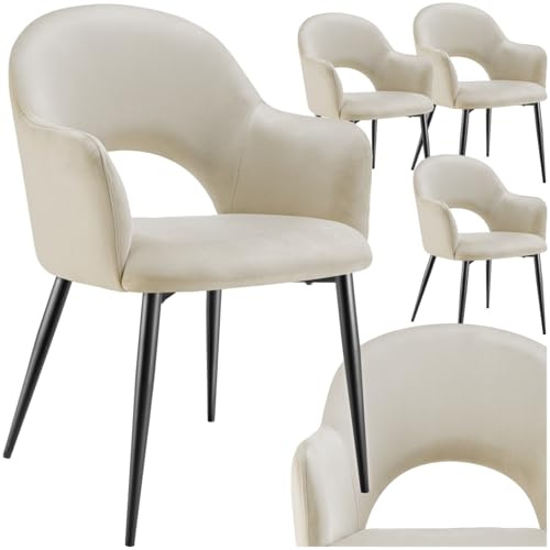 tectake® Sillas de Comedor Elegantes, Terciopelo, Silla Comedor nordica, Silla de Cocina Acolchada con reposabrazos, Asientos Comedor Modernas con Patas de Acero Antideslizantes - 4 Sillas Crema