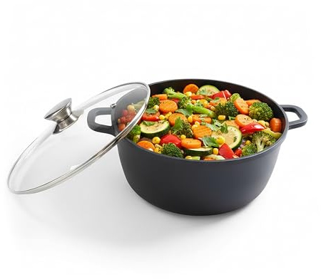 Relaxdays Braising Pot with Glass Lid, Non-Stick, Induction Suitable, Cast Aluminum, 12.5 x 28 cm, Black