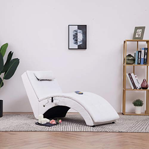 Augerlite massage schäslong vit av konstläder med kudde och stålben 145 x 54 x 72 cm ergonomisk recamiere med 5 massagelägen värmefunktion fjärrkontroll för vardagsrum kontor avkoppling