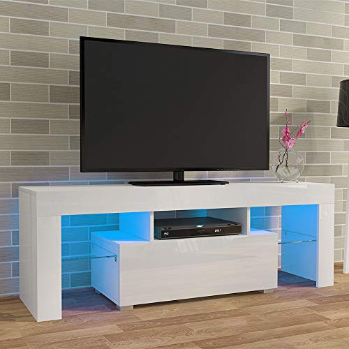 PALDIN LED TV CABINETS, TV Unit 130cm TV stand with Multi-colour LED RGB Lights Modern High gloss Door & Matt Body TV Cabinet with large media storage drawer for Living Room (White)