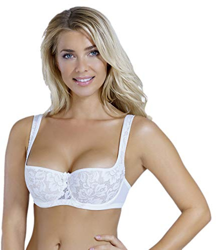 Rosme Women's Balconette Bra with Push Up Effect Plus Size Sexy Lace Demi Half Cup Bra Underwired Low Cut Mesh Bras, White, Size 36DD