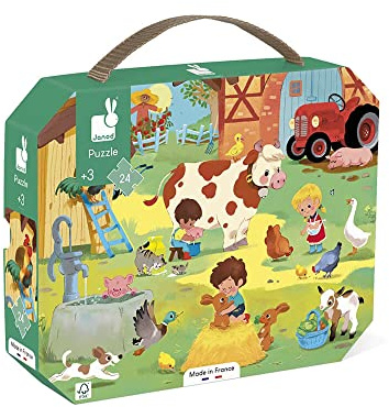Janod - Kinderpuzzle Auf dem Bauernhof 24 Teile - Lernspiel Feinmotorik und Konzentration - Koffer mit Griff FSC-Zertifiziert - Ab 3 Jahren, J02603