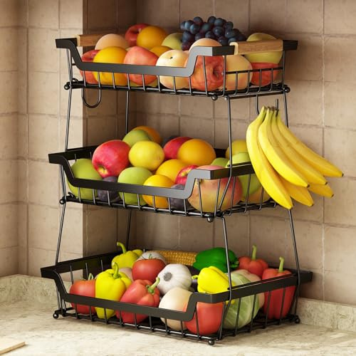 GILLAS 3 nivåer bänkskiva fruktkorg med 2 bananhängare för kök, avtagbar metallorganiserare för bröd grönsaker frukt med trähandtag, stor kapacitet rektangulära förvaringsställ, skålar, svart