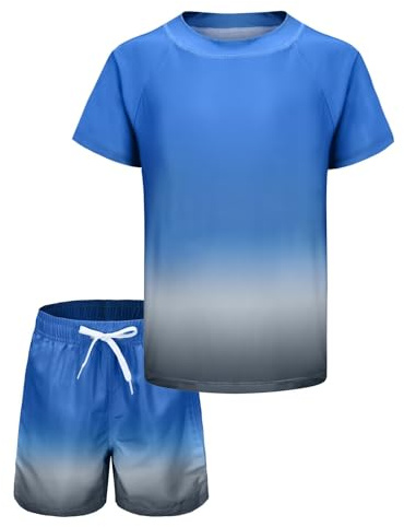 Boys Rash Vest Kids Two Piece Swimming Costume with Board Shorts Short Sleeve Boys Swimsuit Set Age 13-14 Years Blue Grey