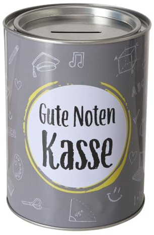 ReWu Spardose Sparschwein Schriftzug Gute Noten Kasse - Deckel abnehmbar - Grau Wiederverwendbar Metall Sparbüchse Geldgeschenk Geschenkidee Geldspardose Metallspardose 14 x 10 cm