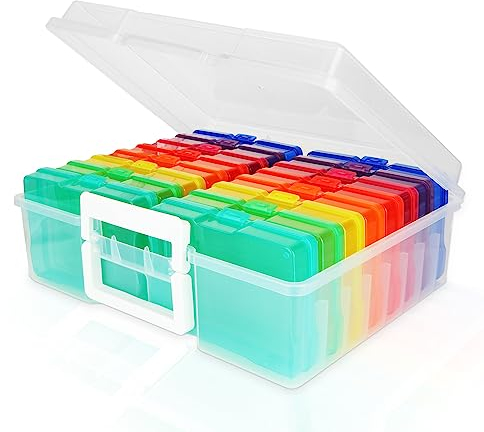 DAJAVE Fotobox Aufbewahrungsbox mit 16 innere, Foto Organizer Box 10x15 cm Foto Aufbewahrungsbox, Kunststoff Foto Box, Fotoaufbewarungsbox für Saatgut Handwerk Karten, Bürobedarf (38x31x13cm)