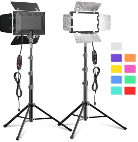 2 Pack LED Video Photography Lighting Kit with 54'' Tripod Stand, Dimmable 5600K USB Studio Lights with Barndoor -9 Color Lighting for Video Recording, Photo Studios, YouTube, TikTok, Game Streaming
