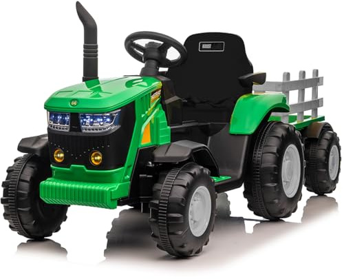 Tractor eléctrico para niños con Remolque Desmontable Doble Motor 35W, Coche eléctrico de 12 V a 6 neumáticos para niños con Control Remoto, música, 3 velocidades, Faros de 7 LED, bocina (Verde)