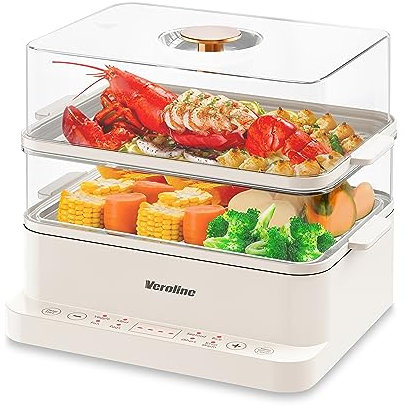 Veroline - Electric Food Steamer for Cooking, 6.4 Quart Vegetable Steamer with 2-Tier BPA-Free Steam Trays, Fast Simultaneous Cooking for Vegetables, Meats, Rice,