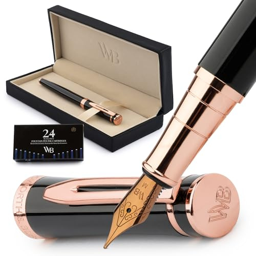 Wordsworth & Black Fountain Pen Set for Writing,Medium Nib, Black Rose Gold