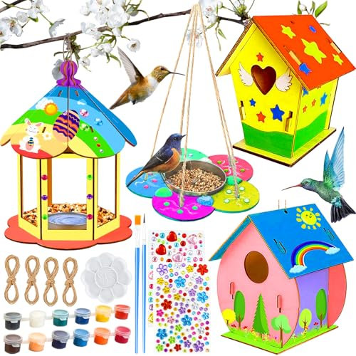 PIWOSGOL Vogelhaus Bastelset Kinder, 4 Stück Vogelfutter Kunst Handwerk für Draußen, DIY Vogelkasten Bemalen Basteln, Outdoor Vogelfütterer Spielzeug Geschenk für Mädchen Jungen 3 4 5 6 7 8 9 10 Jahre