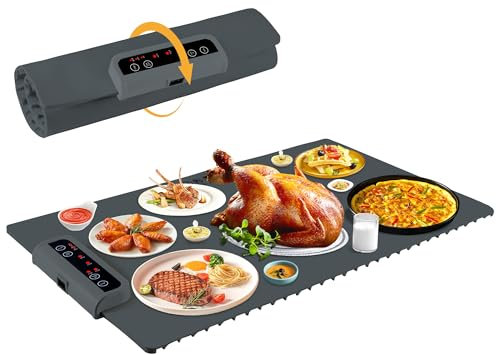Food Warming Mat-Foldable Electric Warming Mat for Food Sillicon Food Warmer with Adjustable Temperature Control Time Moders Locking Function Warming Tray for Buffet,Party Dark Grey