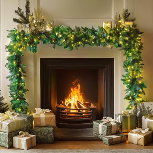 33FT/10M Christmas Garland with Lights, Xmas Garlands for Stairs Fireplace Front Door Table Porch Arch Mantle Garden Gate staircase,Light Up Artificial Wreath Home Outdoor Decoration,200 LED Lights