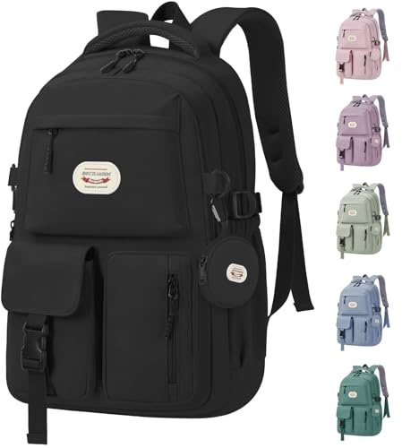 BECOJADDE Backpack School Bag Womens Girls with 15.6'' Laptop compartment, Water Resistant Rucksack with Coin Purse, Daypack for College, Work & Travel, Ideal for Teens & Students Black 25L