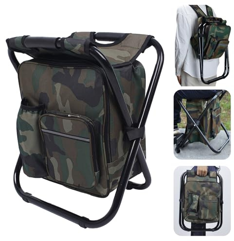lcvtos Sedia Zaino Portatile con Borsa Termica in Tessuto, Pieghevole, Trasportabile, Leggera, Tessuto Oxford in PVC 600D, Borsa da Trekking per Attività Escursionistiche All'aperto (camuffare)