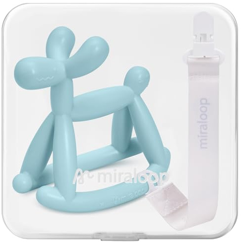 Miraloop Baby Teether Toys for Teething Relief, Teething Toys 3-6 Months Food Grade Silicone Teether with Storage Box and Pacifier Clip, Baby Essential (Cyan Blue Clip+Box)