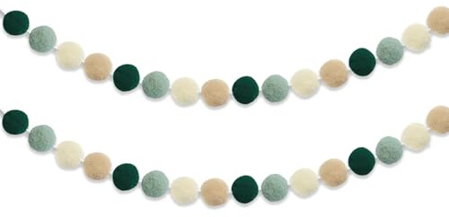Boho Pom-Pom Felt Garland Sage Green - Set of 2, Sage Nursery Wall Decor, Baby Shower Wedding Backdrop, Christmas Fireplace Mantel, Gender Neutral