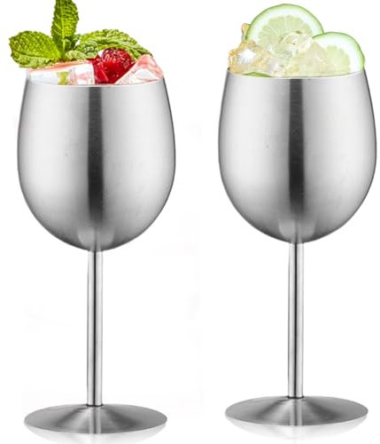 VEGOATY Copas de cóctel de acero inoxidable con mango, juego de 2 copas de vino tinto irrompibles de 500 ml, perfectas para fiestas y eventos al aire libre