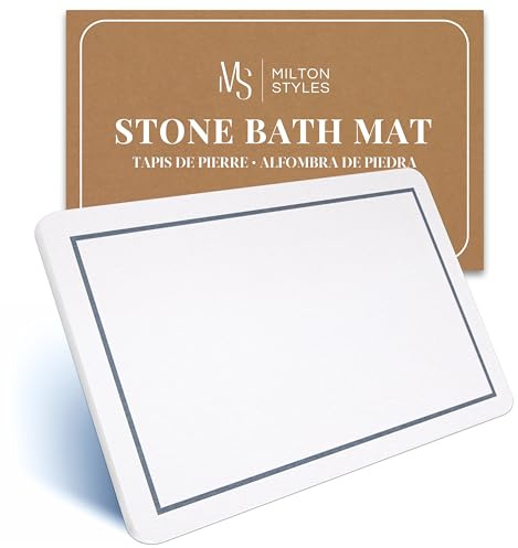 Milton Styles Stone Bath Mat – Super Absorbent Diatomaceous Earth Bath Mat, Quick-Drying Stone Bath Mats for Bathroom, Diatomite Mat Easy to Clean, Bathroom Mat Quick Dry, 24 x 16 inch, White Grey