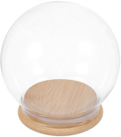 ADOCARN Cloche en Verre Transparent avec Base en Bambou, Protection Anti-poussière pour Plantes, Fleurs, modèles et décorations DIY (10 cm sphère + Socle en Bambou) 1 pcs