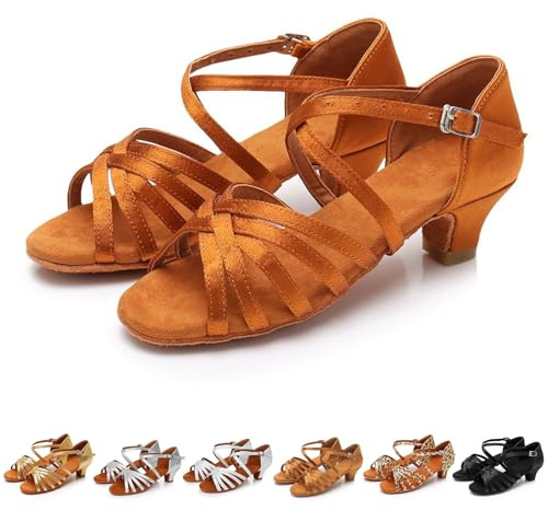 Scarpe da Ballo Latino Americano - Scarpette Dance Performance Donna Bambina Sandali Mezze Punte Danza Classica Ginnastica Artistica Tacco 4cm per Tango Jazz Principianti Pratica 36-42, Marrone
