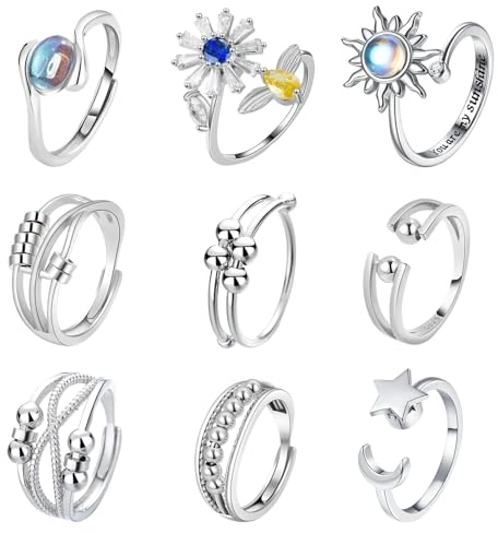 MLPKOI 9 Anello Antistress per Donna, Anelli Spinner Con Perline, Impilabili Anelli Antistress, Regolabile Aperto Fidget Ring (style4)