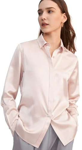 LilySilk Silk Blouse for Women Button Down Shirt Tops Point Collar Long Sleeve 100% Silk (XL/18, Light-Beige)