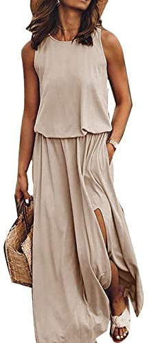 amropi Femme Robe Longue Maxi Robes de Plage d'été sans Manches Grande Taille Kaki,XXL
