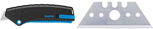MARTOR Sicherheitsmesser mit Klingeneinzug, SECUNORM MIZAR, Profi Cuttermesser,GS, 13,90 x 1,56 x 5,05 cm & 10 x Trapezklinge, Ersatzklingen Cuttermesser, Sicherheitsmesser, 19 mm, Scharf