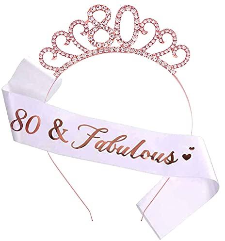 80th Birthday Crystal Tiara Crown Sash for Women Party Decorations and Accessories