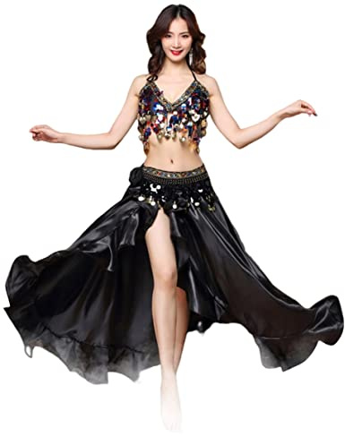 CRETUAO Abito Danza del Ventre da Donna, Reggiseno e Cintura Imbottiti con Top Corto, Tribale Festival per Abito Festa Maschera, Gonna Spacco Chiffon Scintillante Completo 3 Pezzi,Nero,L