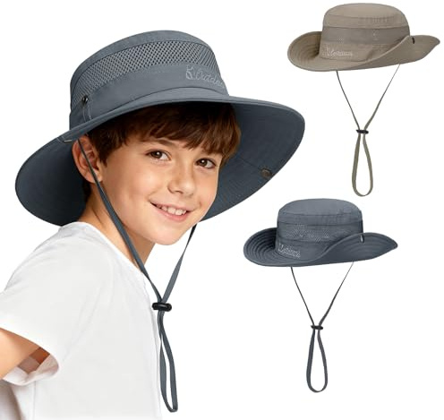 Durio 2-Pack Kids Sun Hat - UPF 50+ Wide Brim Sun Protection Bucket Hat for Boys Girls, Breathable Adjustable Outdoor Hats Dark Khaki & Dark Grey 5-13 Years