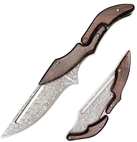 HUAAO Damascus Folding Knife, Yellow Sandalwood Handle with Mechanical Lock, Tactical Pocket Knife for Outdoor Camping Survival Hunting Self Defense Multitool