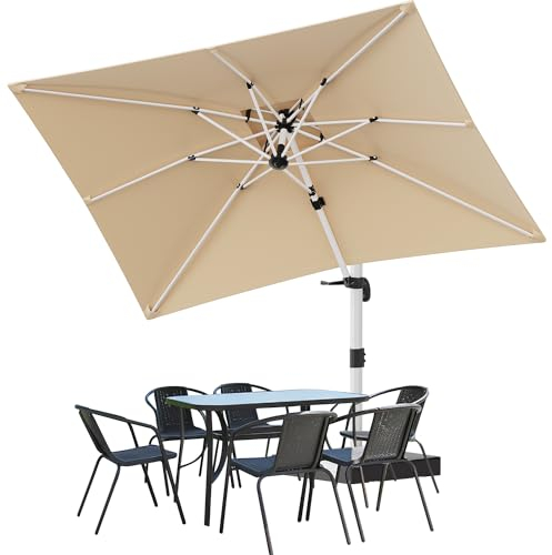 Devoko Sonnenschirm Balkon 300x400x260 cm Alu Ampelschirm mit Abdeckung, Doppel Vordach Wasserabweisend Gartenschirm mit Kurbel,Sonnenschutz UV50+,360°Rotation,Beige