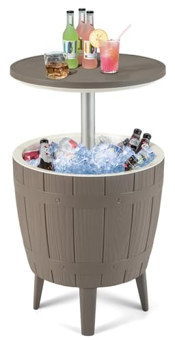 COSTWAY 3-in-1 Tavolino Frigo 37 L da Esterno, Secchiello Ghiaccio Regolabile in Altezza Ø 48 x 58-83H cm, Tavolo Bar Portaghiaccio Forma di Botte da Vino per Piscina, Cortile e Campeggio, Marrone