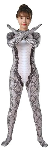 Halloween Costume Python One-piece Bodysuits Animal Theme Party Cosplay Roleplay Snake Fancy Dress Up Suits Sexy Long Sleeve Onesies Jumpsuit Skinny Stretch Snakeskin Print Overall Unitard Body Suit