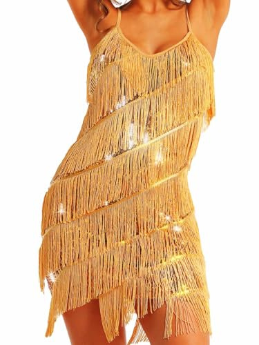 Zehope Fringe Bodycon Dress Glitter Sequin Dresses Latin Dance Cocktail Tassel Costume for Women (US, Alpha, Small, Regular, Regular, Gold)