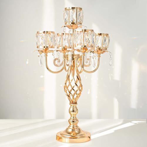 23.2 inch Tall Elegant and Chic 5 Arm Pendant Crystal Candlestick Holder Table Decoration tealight Candle Holder, Candelabra for Gorgeous Wedding/Parties Table Centerpiece (1, Gold)